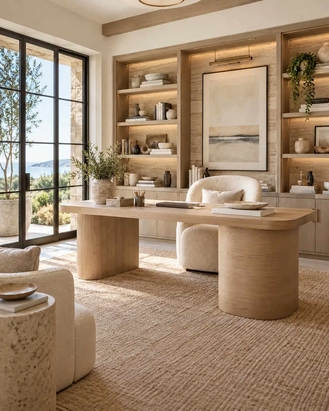 Illustrative home office with an oak desk, cream upholstered chair and coastal outlook