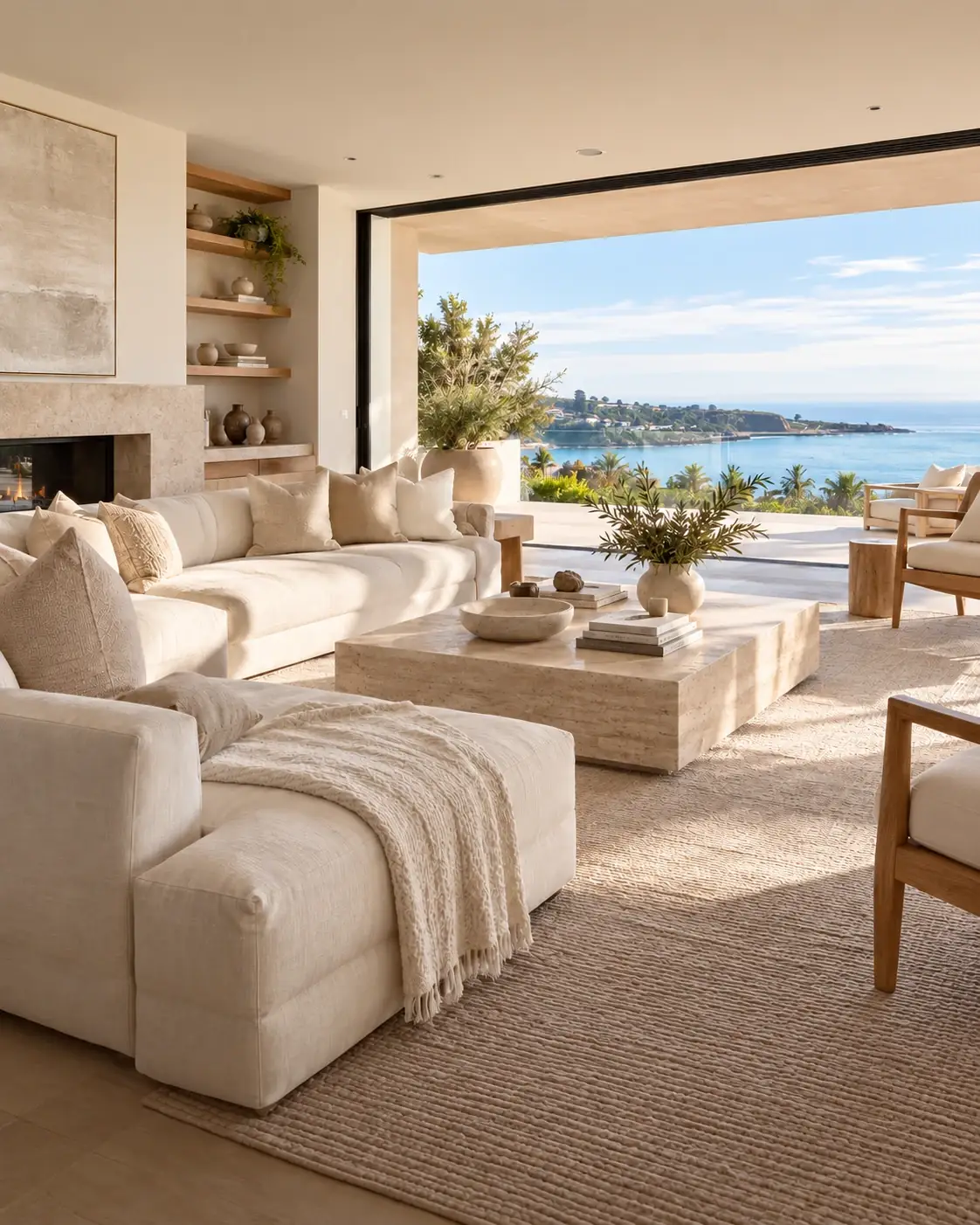 Illustrative living room with cream sofas, a stone coffee table and an open ocean-view terrace
