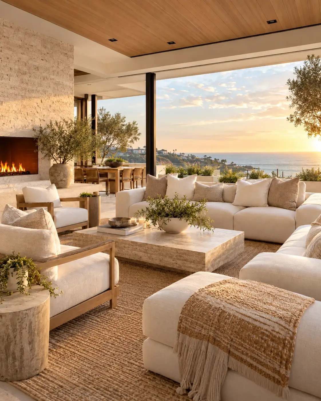 Illustrative coastal living room with cream seating, a stone coffee table and an ocean sunset