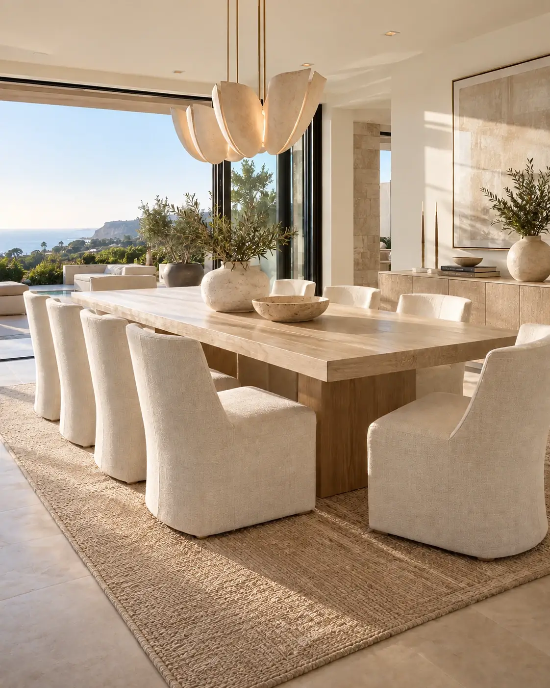 Illustrative dining room with an oak table, cream chairs, woven pendant and ocean view