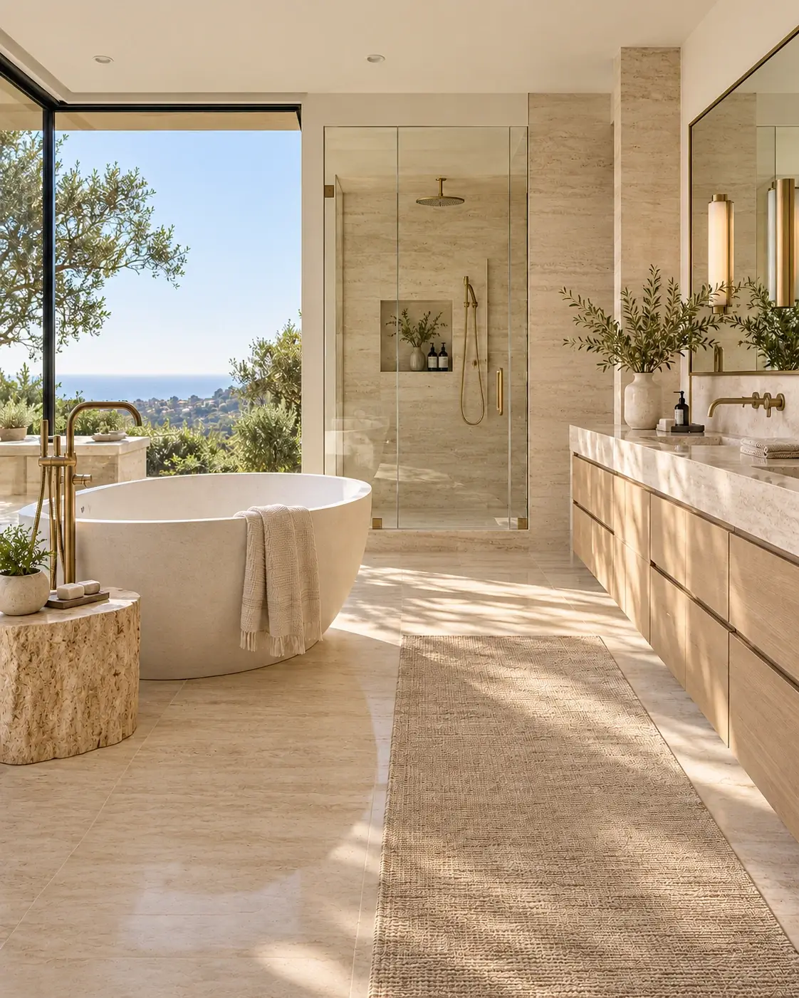 Illustrative primary bathroom with a freestanding tub, stone surfaces and ocean-view windows