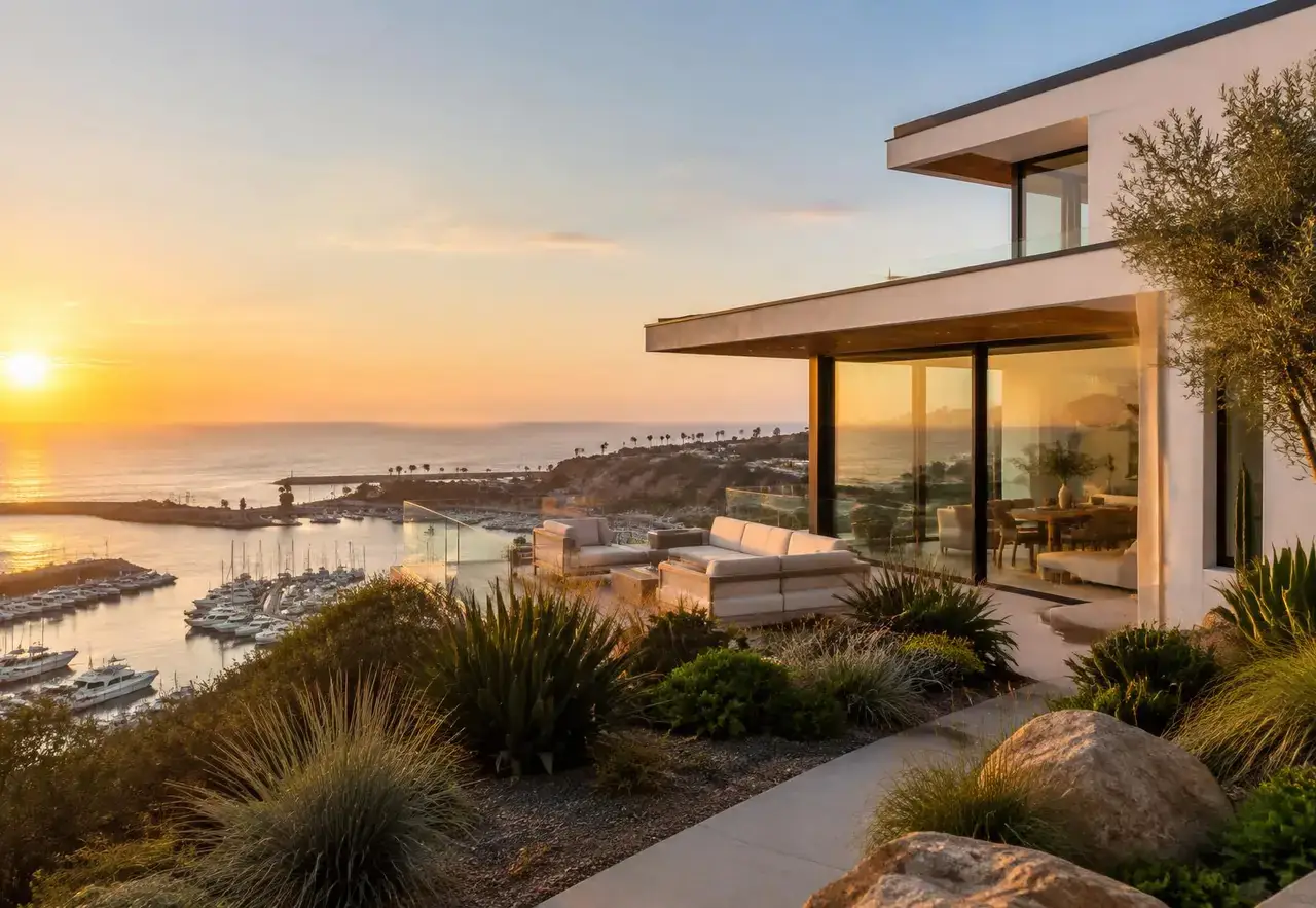 Contemporary coastal home above the harbor at sunset