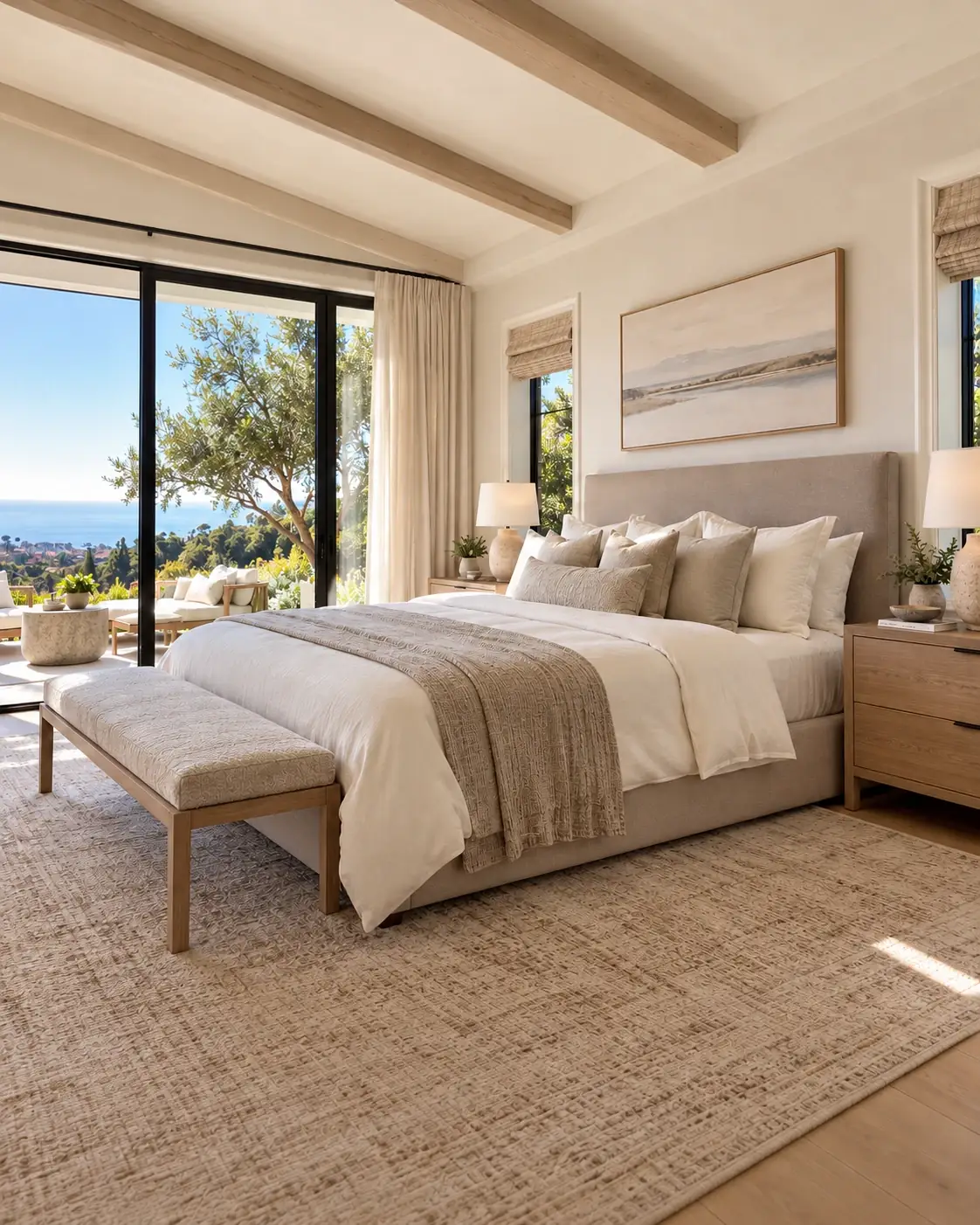 Illustrative primary bedroom with a cream upholstered bed, oak ceiling beams and an ocean outlook